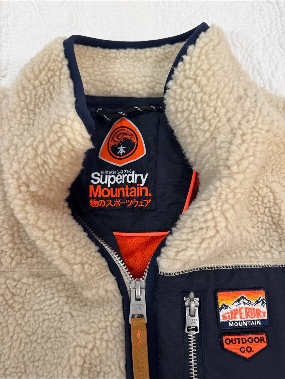 Superdry Cream Sherpa Fleece Jacket with Black Chest Pocket